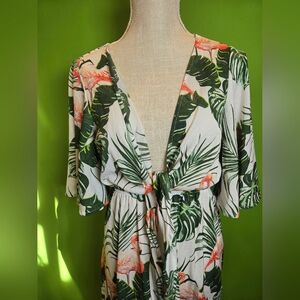 SHEIN White Tropical Print Top with Green Leaves and Coral Accents